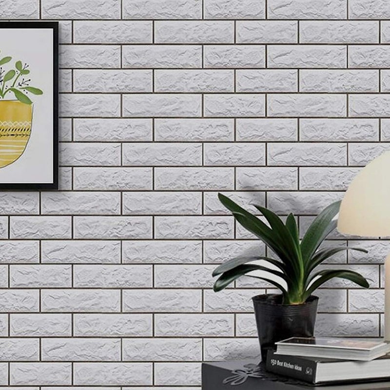wolpin ملصقات حائط وولبين ورق جدران دي آي واي (45 × 300 سم) 3D طوب ذاتية اللصق زينة مكتبية من PVC فينيل أبيض باهت ورق جدران زينة - Image 2