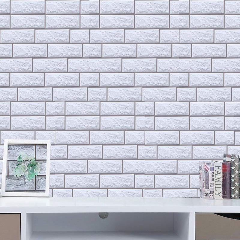 wolpin ملصقات حائط وولبين ورق جدران دي آي واي (45 × 300 سم) 3D طوب ذاتية اللصق زينة مكتبية من PVC فينيل أبيض باهت ورق جدران زينة - Image 3