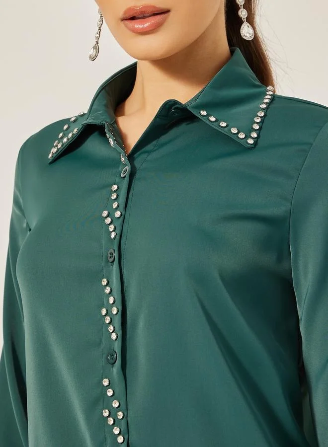 Styli Faux Diamante Studded Collared Shirt