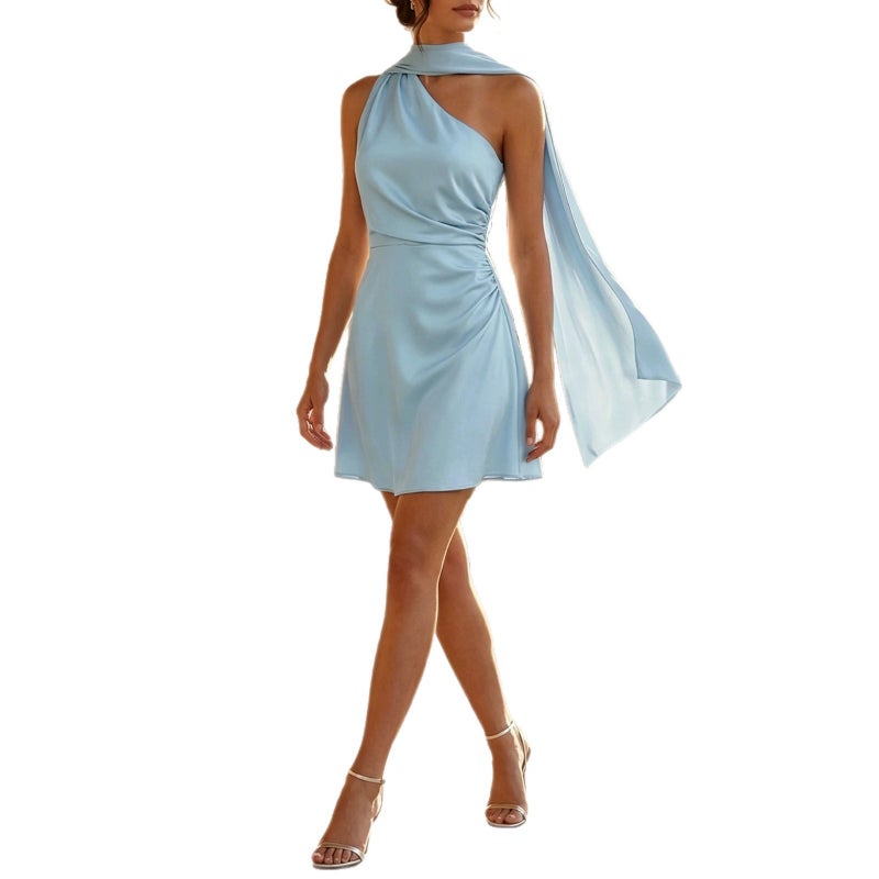 Elegant One-Shoulder Backless Short Evening Dress with Waist Cinching - Image 5