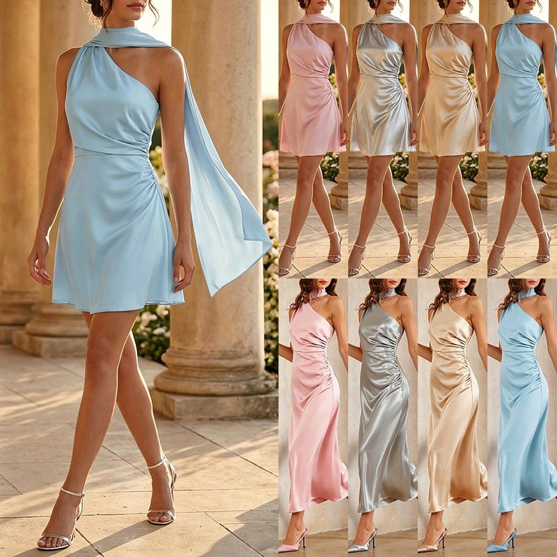 Elegant One-Shoulder Backless Short Evening Dress with Waist Cinching - Image 2