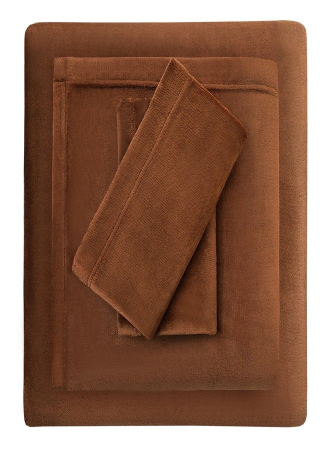 Viviland Full Plush Bed Sheets, Micro Fleece Fitted Sheets with 15" Deep Pocket, Fuzzy Polar Velour Velvet Winter Sheets & Pillowcase Set - Maillard Brown - Image 1