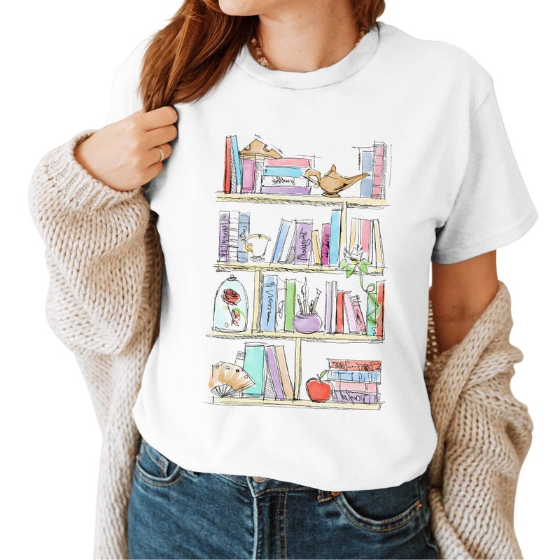 InterStellux Princess Books Shirt - Magic Princess Tshirt - Bookshelf Books Tee - Bookish T-Shirt - Book Lovers Shirt - Gifts for Book Lover (White,XL) - Image 1
