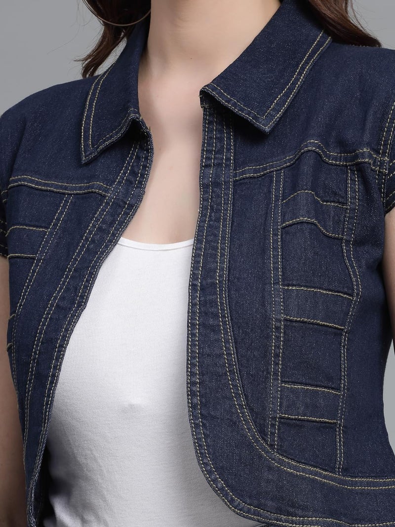 Style Quotient Women Navy Blue Denim Open Front Regular Shrug - Image 2