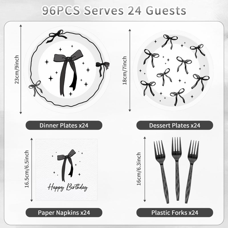 EoBeCy 96 Pcs Black Bow Birthday Decorations, Elegant Black and White Plates Napkins Forks for 24 Guests, Minimalist Bow Tableware Set Party Supplies for Women Girls - Image 2