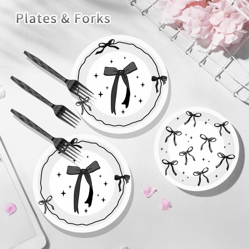EoBeCy 96 Pcs Black Bow Birthday Decorations, Elegant Black and White Plates Napkins Forks for 24 Guests, Minimalist Bow Tableware Set Party Supplies for Women Girls - Image 3