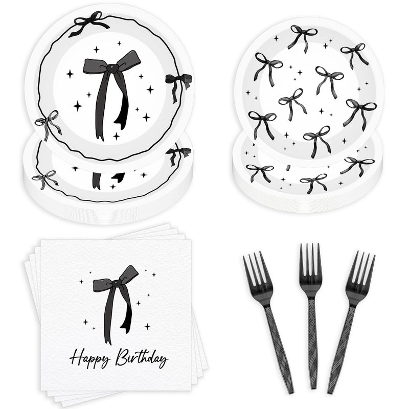 EoBeCy 96 Pcs Black Bow Birthday Decorations, Elegant Black and White Plates Napkins Forks for 24 Guests, Minimalist Bow Tableware Set Party Supplies for Women Girls - Image 1