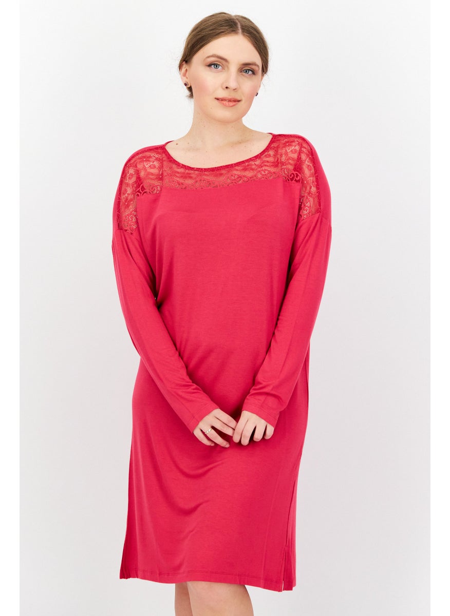 TRIUMPH Women Textured Lace Long Sleeve Sleepwear Dress, Dark Pink  - Image 3