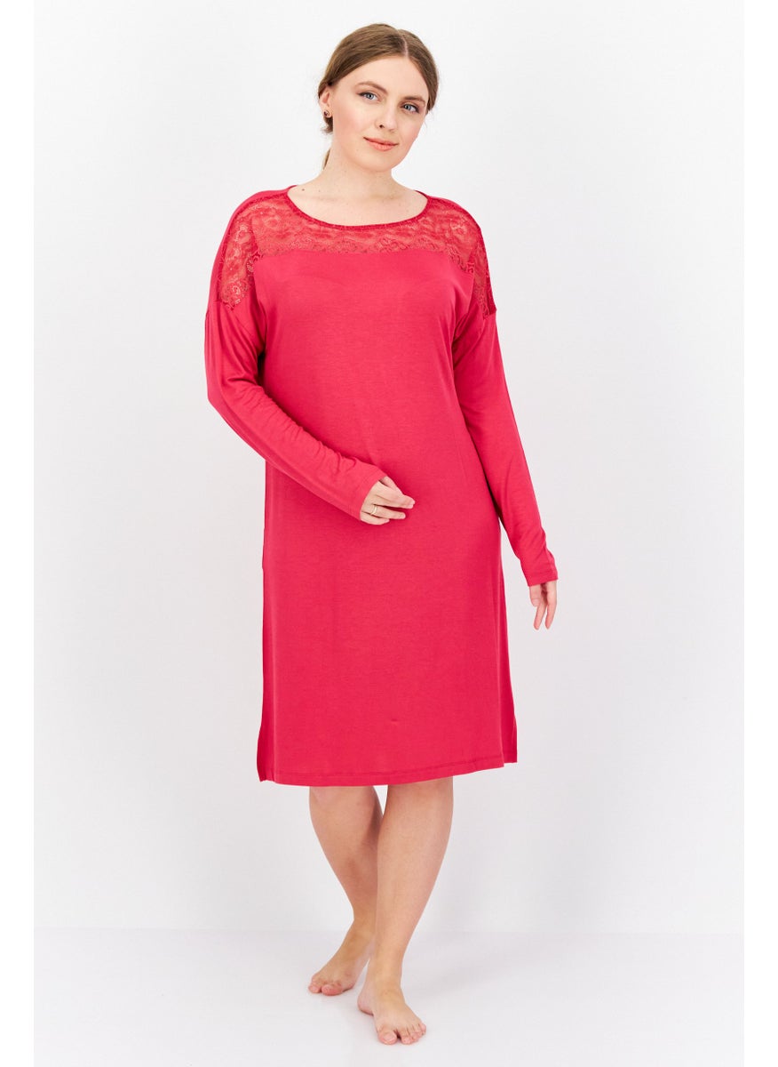 TRIUMPH Women Textured Lace Long Sleeve Sleepwear Dress, Dark Pink  - Image 1