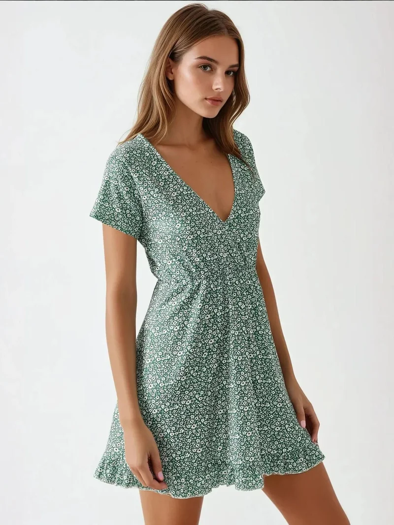 زوبعة فستان ميني بياقة على شكل حرف  بنقشة زهور صغيرة من مجموعة بوسم