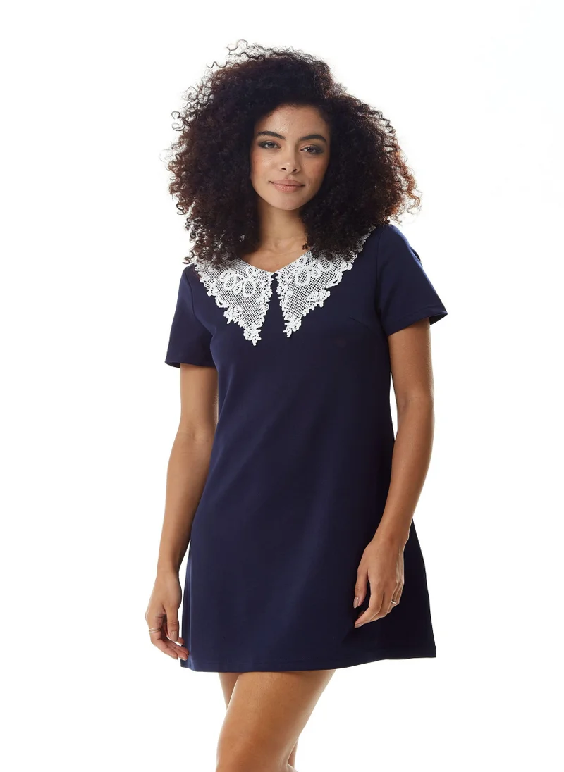 Liquorish Navy Mini Dress with Lace Collar