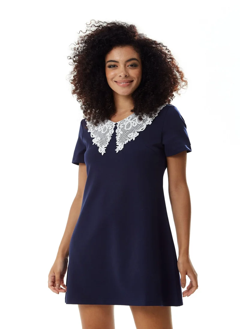 Liquorish Navy Mini Dress with Lace Collar