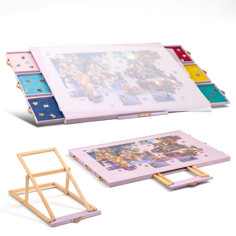 Tektalk Flannelette Covered Jigsaw Puzzle Table with Integrated Adjustable Stand & Cover, 3-Tilting-Angle Wooden Plateau Portable Puzzle Board with 6 Sorting Drawers, for Up to 1500 Pieces - Purple - Image 1
