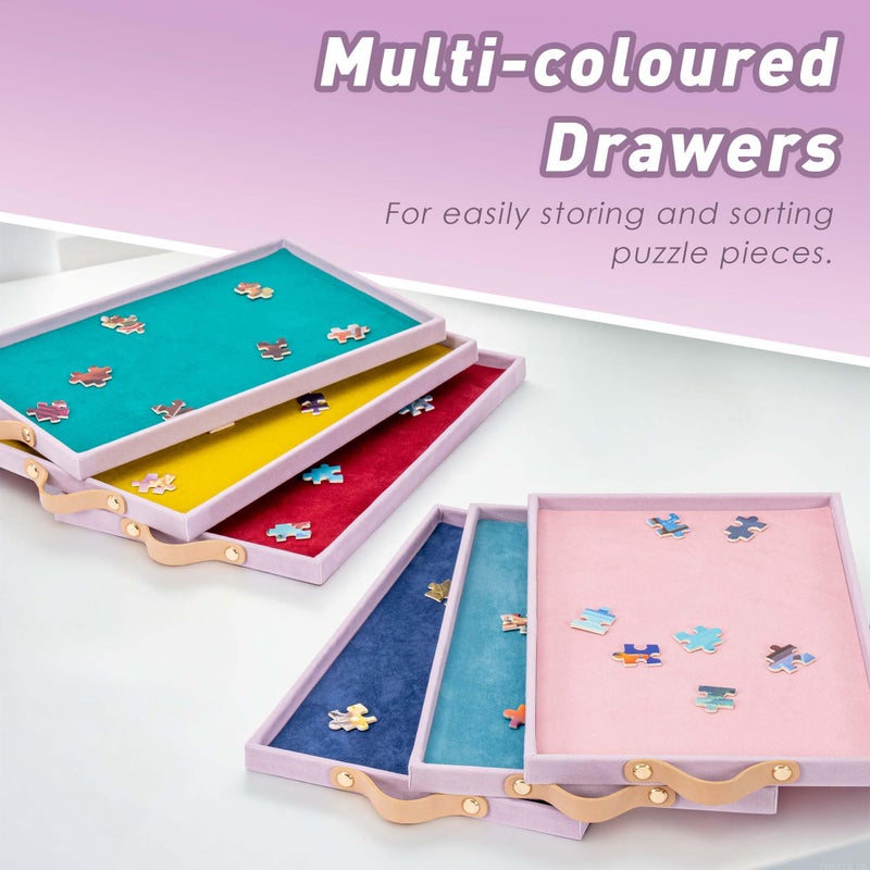 Tektalk Flannelette Covered Jigsaw Puzzle Table with Integrated Adjustable Stand & Cover, 3-Tilting-Angle Wooden Plateau Portable Puzzle Board with 6 Sorting Drawers, for Up to 1500 Pieces - Purple - Image 4