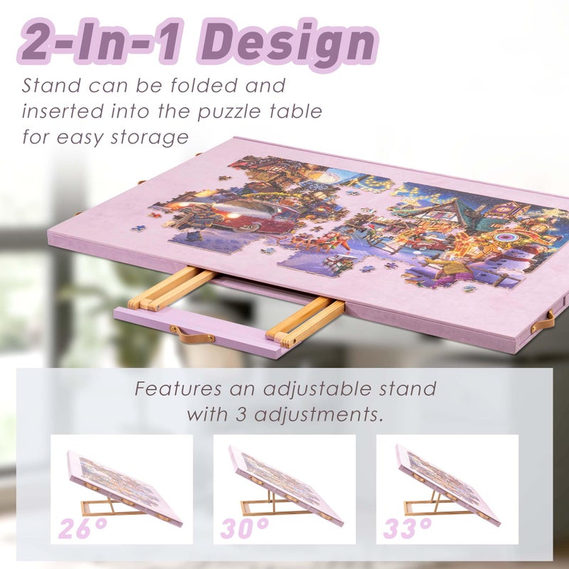Tektalk Flannelette Covered Jigsaw Puzzle Table with Integrated Adjustable Stand & Cover, 3-Tilting-Angle Wooden Plateau Portable Puzzle Board with 6 Sorting Drawers, for Up to 1500 Pieces - Purple - Image 2