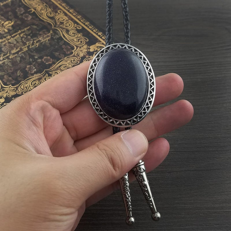 QUKE رباط عنق بولي أمريكي غربي عتيق باللون الأزرق الداكن من حجر الرمل الحقيقي جلد طبيعي - Image 5