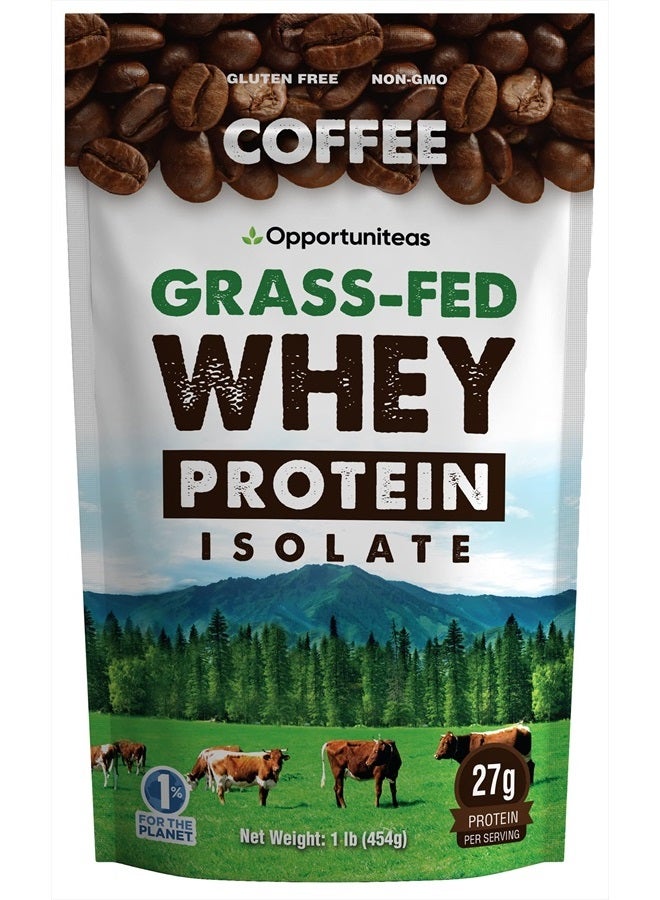Opportuniteas Coffee Whey Protein Powder - Low Carb & Keto Friendly - Grass Fed Whey Isolate + Colombian Coffee - 60 mg Caffeine for Energy - Pre or Post Workout Drink Mix, Shake & Smoothies - 1 lb - Image 1