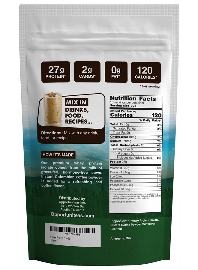 Opportuniteas Coffee Whey Protein Powder - Low Carb & Keto Friendly - Grass Fed Whey Isolate + Colombian Coffee - 60 mg Caffeine for Energy - Pre or Post Workout Drink Mix, Shake & Smoothies - 1 lb - Image 2