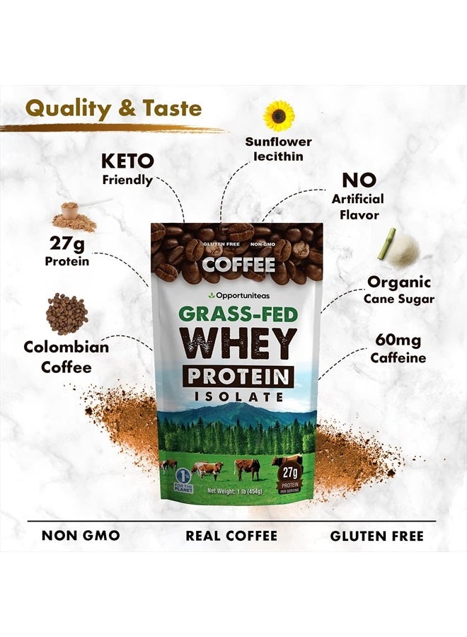 Opportuniteas Coffee Whey Protein Powder - Low Carb & Keto Friendly - Grass Fed Whey Isolate + Colombian Coffee - 60 mg Caffeine for Energy - Pre or Post Workout Drink Mix, Shake & Smoothies - 1 lb - Image 3