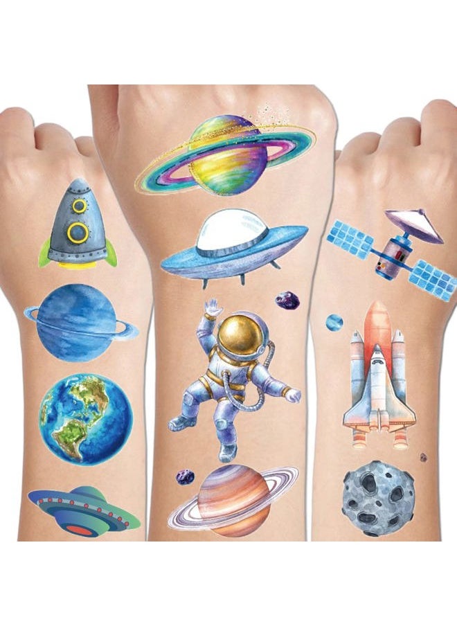 CHARLENT - Glitter Galaxy Temporary Tattoos for Kids - 12 Sheets Glitter Outer Space Tattoos for Boys Girls Birthday Party Favors Goodie Bag Fillers - Image 1