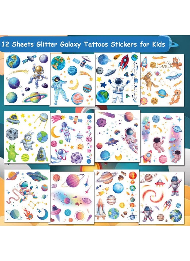 CHARLENT - Glitter Galaxy Temporary Tattoos for Kids - 12 Sheets Glitter Outer Space Tattoos for Boys Girls Birthday Party Favors Goodie Bag Fillers - Image 1