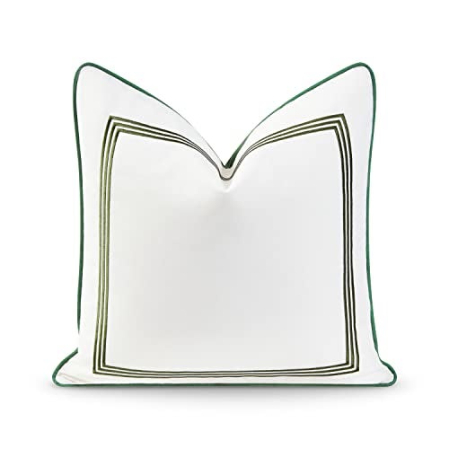 Hofdeco Premium Coastal Patio Indoor Outdoor Pillow Cover Only 20x20 Water Resistant for Backyard Couch Green Embroidered Square Line - Image 1