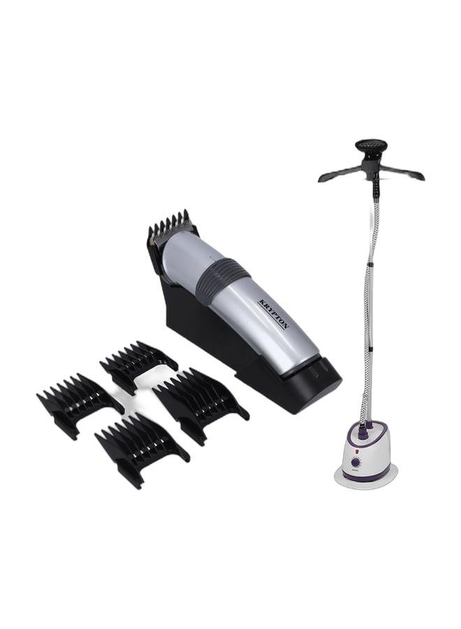 KRYPTON مجموعة العناية بالملابس والشعر – جهاز بخار الملابس بقوة 2000 واط مع خزان سعة 1.7 لتر، بخار مستمر قوي + ماكينة حلاقة شعر ولحية قابلة للشحن مع وقت عمل 45 دقيقة، ضمان لمدة عامين - Image 1