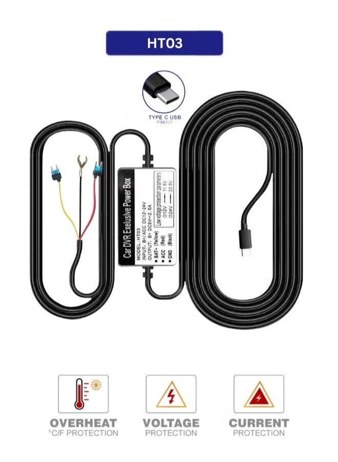 AZDOME HT03 Hardwire Kit, Type-C Port, For M300S/ M550 Pro/M550 MAX/M560/M58012ft Cable with Fuse, 24H Parking Monitor, 12V-24V to 5V/2.5A Dash Cam Power Supply - Image 1