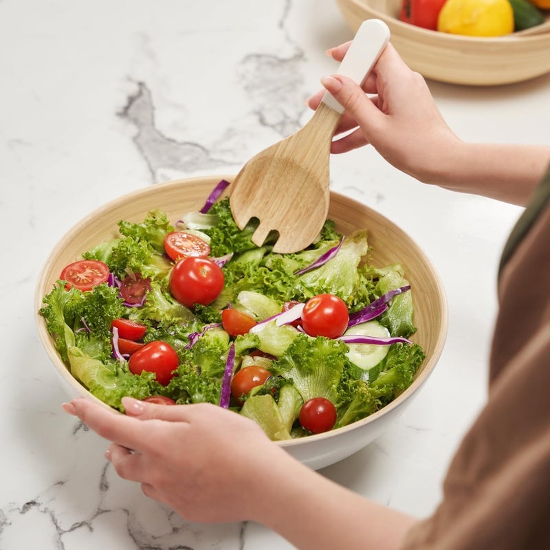 LEXA Bamboo Salad Bowl 12 Inch Extra Large Serving Bowl Lightweight Popcorn Bowl or Chip Bowl for Party Snacks Handcrafted Salad Bowls Large Serving Ceramic White - Image 4