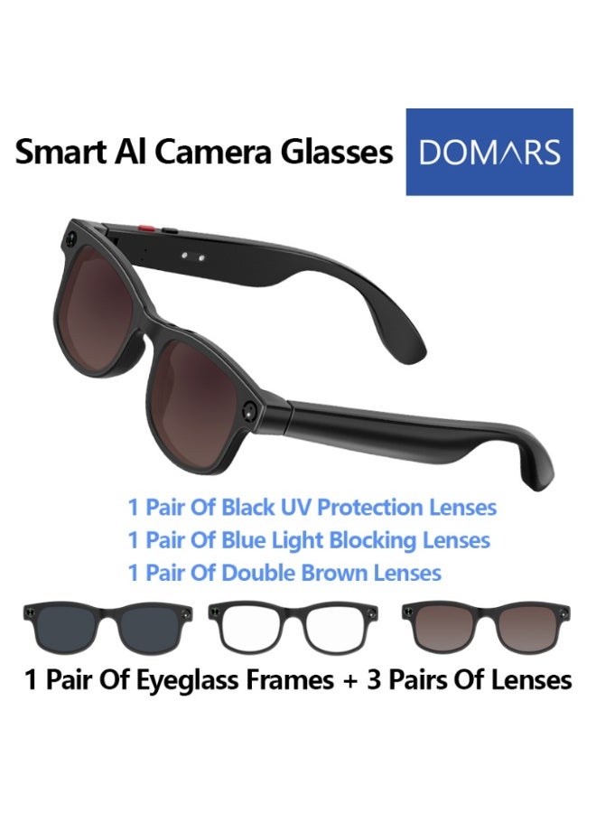Domars Smart AI Camera Glasses UV Protection Anti-Blue Light with 5MP 1080p HD Photo Capture Auto Color-Changing Interchangeable Lenses for Men Women Travel Recording Voice Calls Language Translation 1 Pair Of Eyeglass Frames + 3 Pairs Of Lenses - Image 1