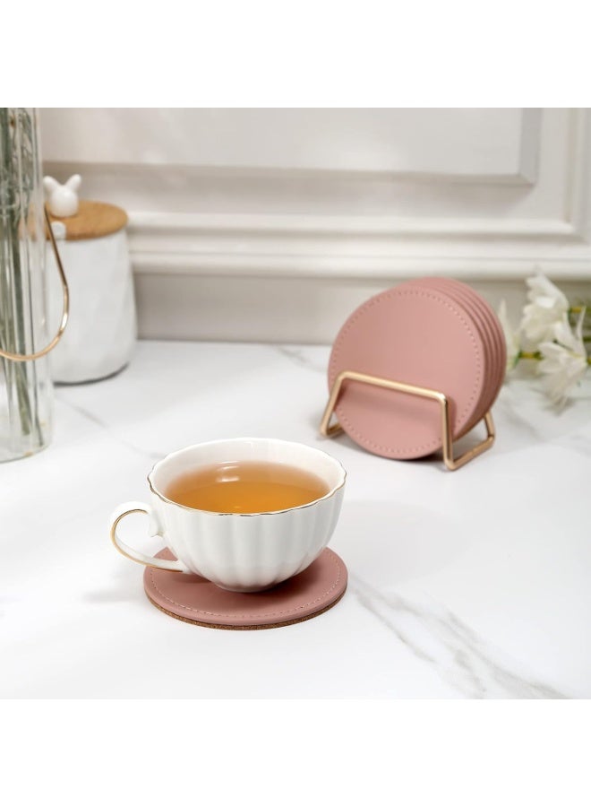 شرب كوسترز مع المعدن حامل الوقوف مجموعة من 6، كوسترز الجلد PU مع كورك قاعدة الجدول كوسترز مجموعة كوب القهوة الزخرفية كوسترز هدية التدفئة المنزلية للديكور المنزلي، الوردي - Image 3