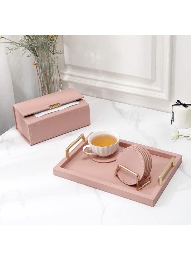 شرب كوسترز مع المعدن حامل الوقوف مجموعة من 6، كوسترز الجلد PU مع كورك قاعدة الجدول كوسترز مجموعة كوب القهوة الزخرفية كوسترز هدية التدفئة المنزلية للديكور المنزلي، الوردي - Image 5