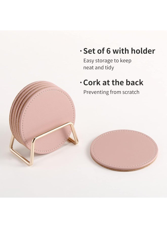شرب كوسترز مع المعدن حامل الوقوف مجموعة من 6، كوسترز الجلد PU مع كورك قاعدة الجدول كوسترز مجموعة كوب القهوة الزخرفية كوسترز هدية التدفئة المنزلية للديكور المنزلي، الوردي - Image 2