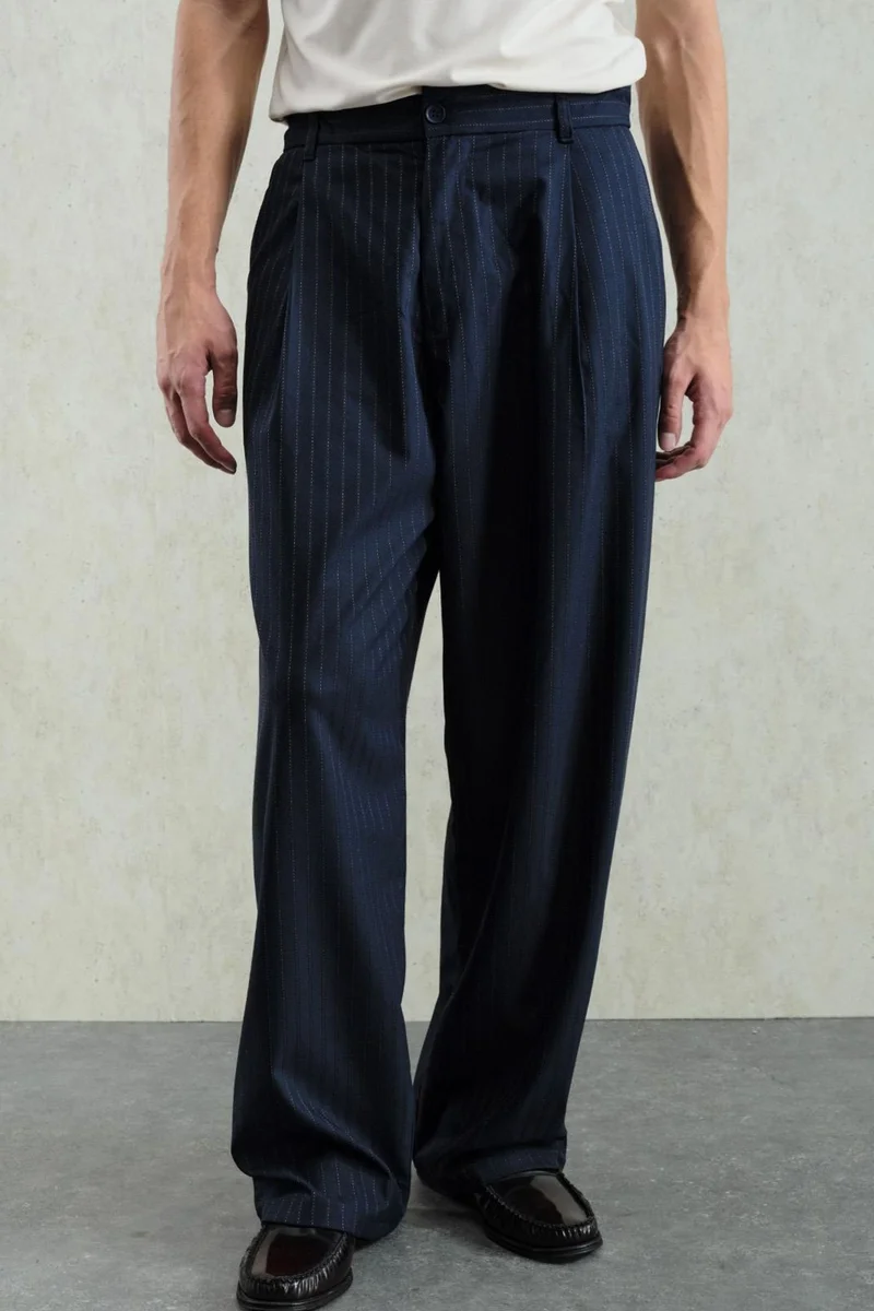 Giesto Navy Blue GIESTO Men's High-waist Striped Wide-leg Suit Pants for Men | Best Price UAE