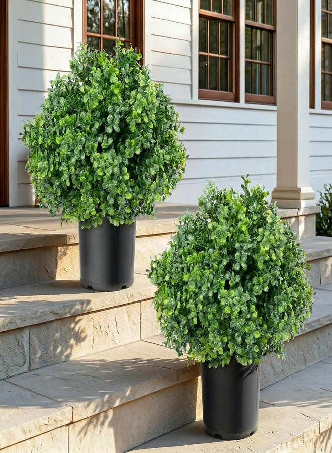 ENVEN Set of 2 Artificial Boxwood Topiary Trees for Front Door - Faux Realistic Greenery Potted Plants, Fake Outdoor UV-Resistant Bushes with Pots for Porch,Farmhouse,Home,Garden Decor - Image 1