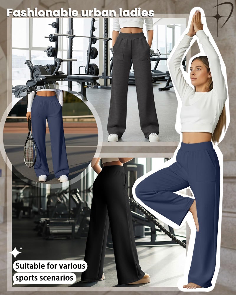 Yearntown 3 Pack Women's Wide Leg Baggy Sweatpants Fleece Elastic Lounge Pants with Pockets Casual Loose Yoga Jogger Pants(Black, Mixed Gray, Dark Blue,Medium) - Image 3