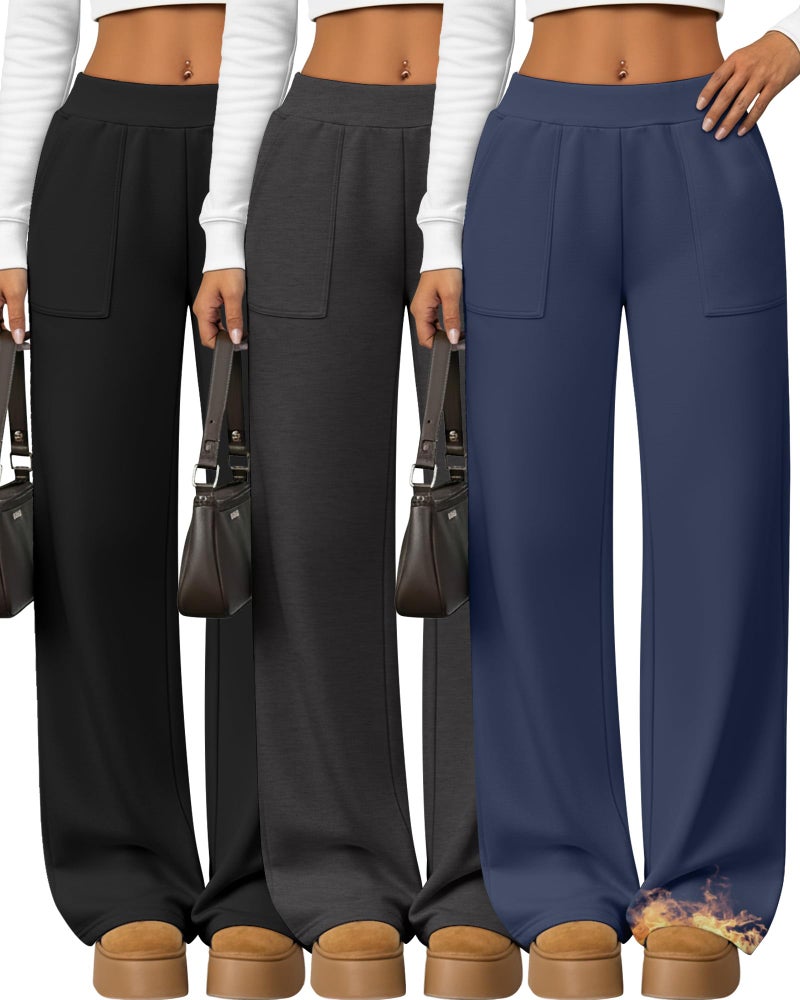 Yearntown 3 Pack Women's Wide Leg Baggy Sweatpants Fleece Elastic Lounge Pants with Pockets Casual Loose Yoga Jogger Pants(Black, Mixed Gray, Dark Blue,Medium) - Image 1