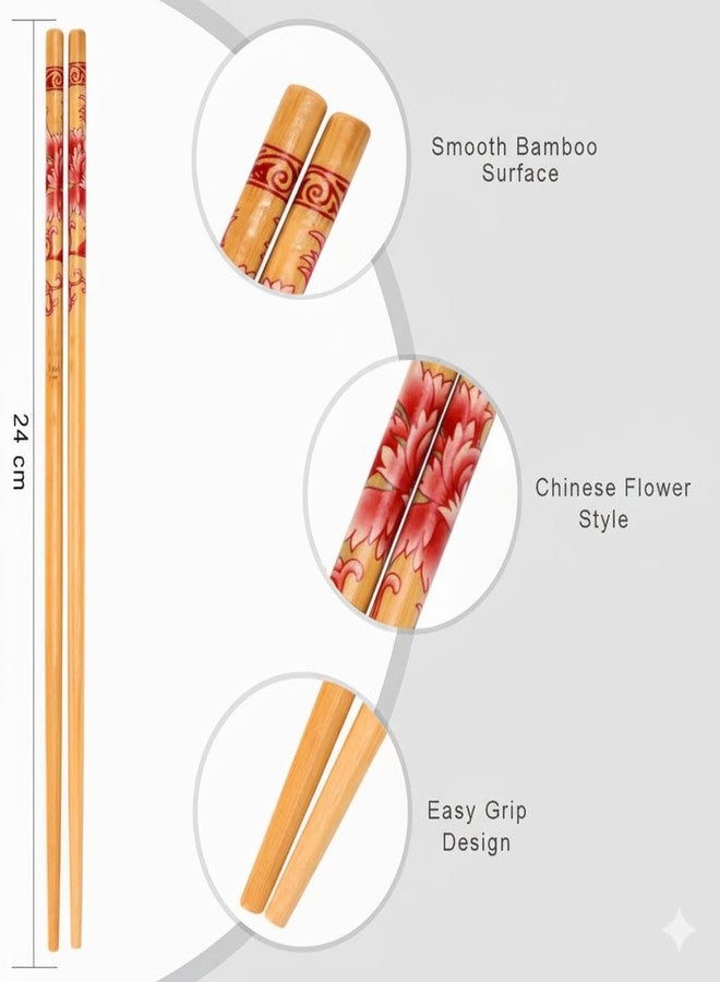 Zirak Chopsticks, 5 Pairs, 24 cm, Traditional Chinese Flower Pattern, Red and Natural(RED) - Image 5