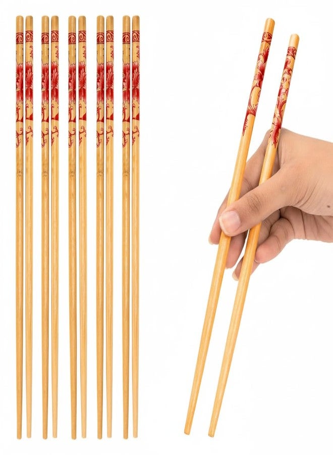 Zirak Chopsticks, 5 Pairs, 24 cm, Traditional Chinese Flower Pattern, Red and Natural(RED) - Image 1