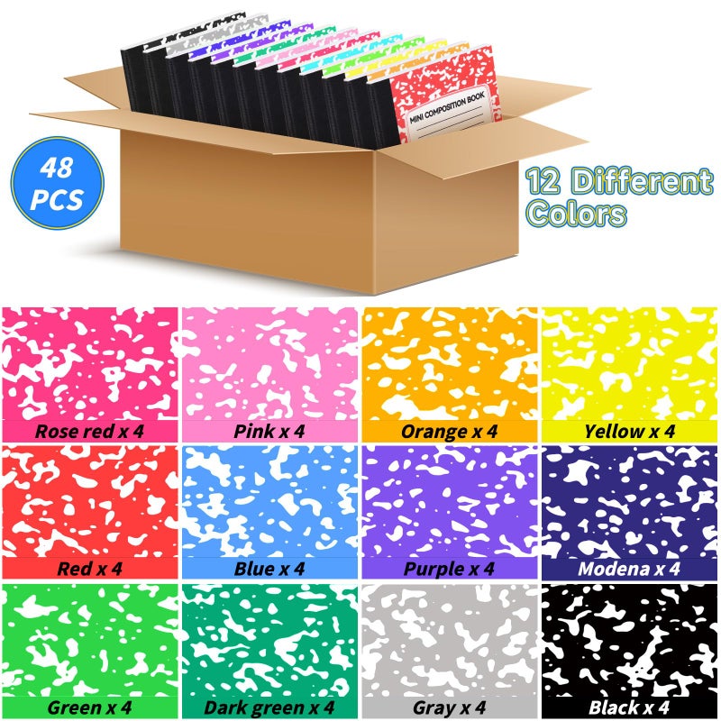 UZLU 48 Pack Mini Composition Notebooks Bulk College Ruled Half Composition Notebook Narrow Ruled Small Pocket Marble Journal 12 Color-4.5" x 3.25"-60 Sheets for Students Office School Supplies - Image 3