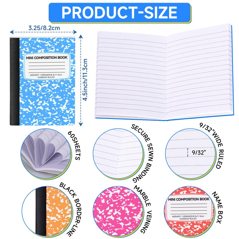 UZLU 48 Pack Mini Composition Notebooks Bulk College Ruled Half Composition Notebook Narrow Ruled Small Pocket Marble Journal 12 Color-4.5" x 3.25"-60 Sheets for Students Office School Supplies - Image 4