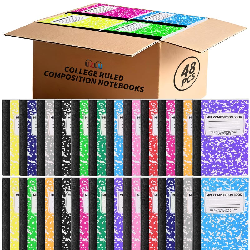 UZLU 48 Pack Mini Composition Notebooks Bulk College Ruled Half Composition Notebook Narrow Ruled Small Pocket Marble Journal 12 Color-4.5" x 3.25"-60 Sheets for Students Office School Supplies - Image 1