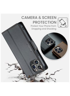 CaseMe Flip Wallet Case For iPhone 13 Pro Max [RFID Blocking] PU Leather Wallet Flip Folio Case with Card Holder Kickstand Shockproof Phone Cover (Black)  - Image 3