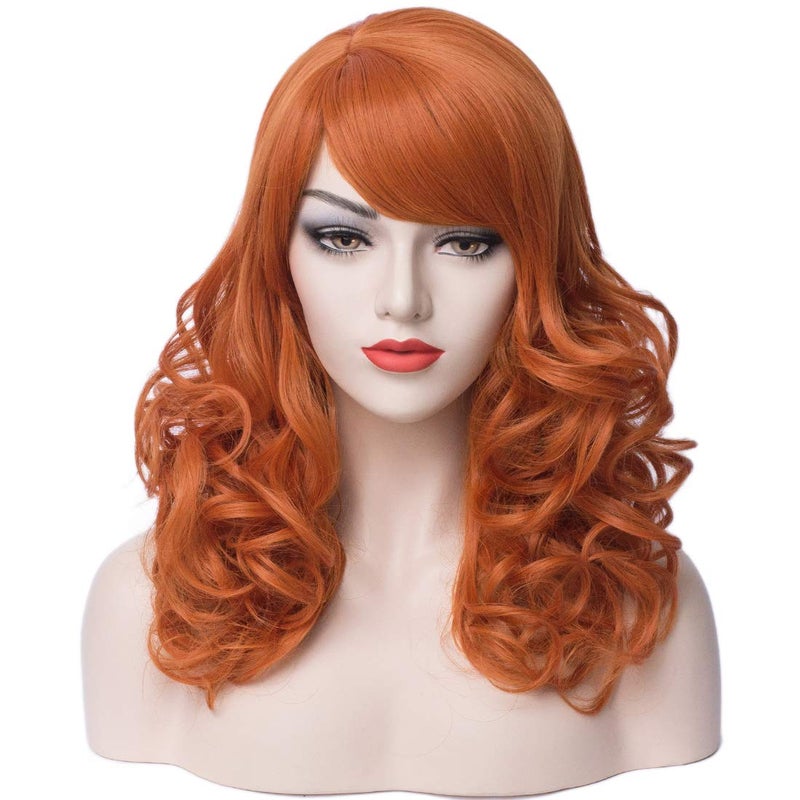 Shoulder Length Curly Wig With Bangs for Women and Girls Synthetic Cosplay Costume Wig Orange