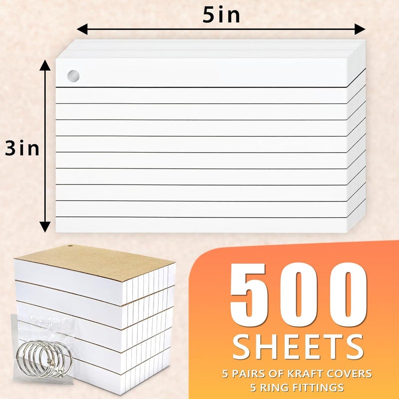 ANSTEEP 500PCS White Index Cards, 3x5 Inches Flash Cards with Ring, Lined on Both Side Notecards Ruled Study Card Flashcards Heavy Note Cards for Studying, Learning, School, College - Image 2