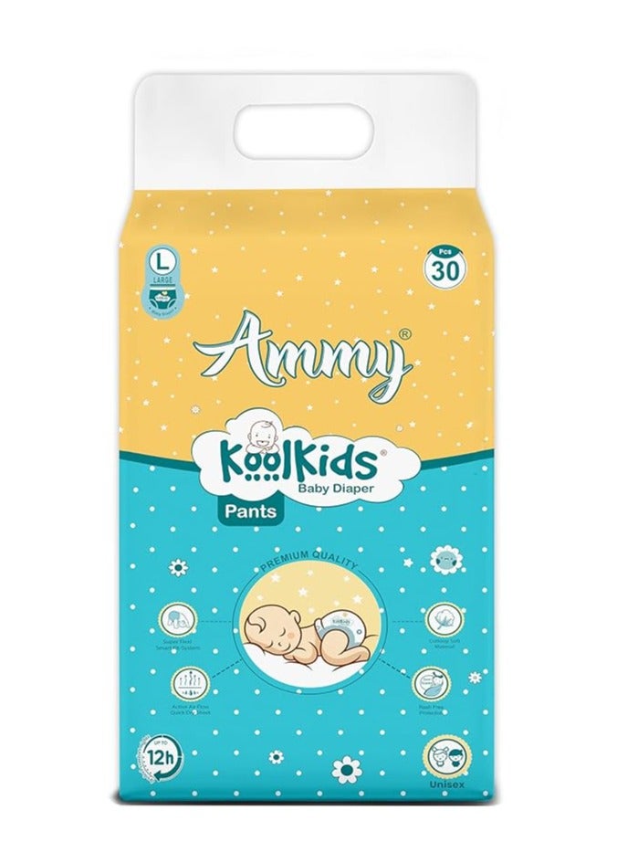 Ammy Koolkids Baby Diaper Pants, L Size (30 Count), Rash Free Diaper Pants for Babies,Super soft, Super Flexi Smart Fit- System, (9-14Kg)