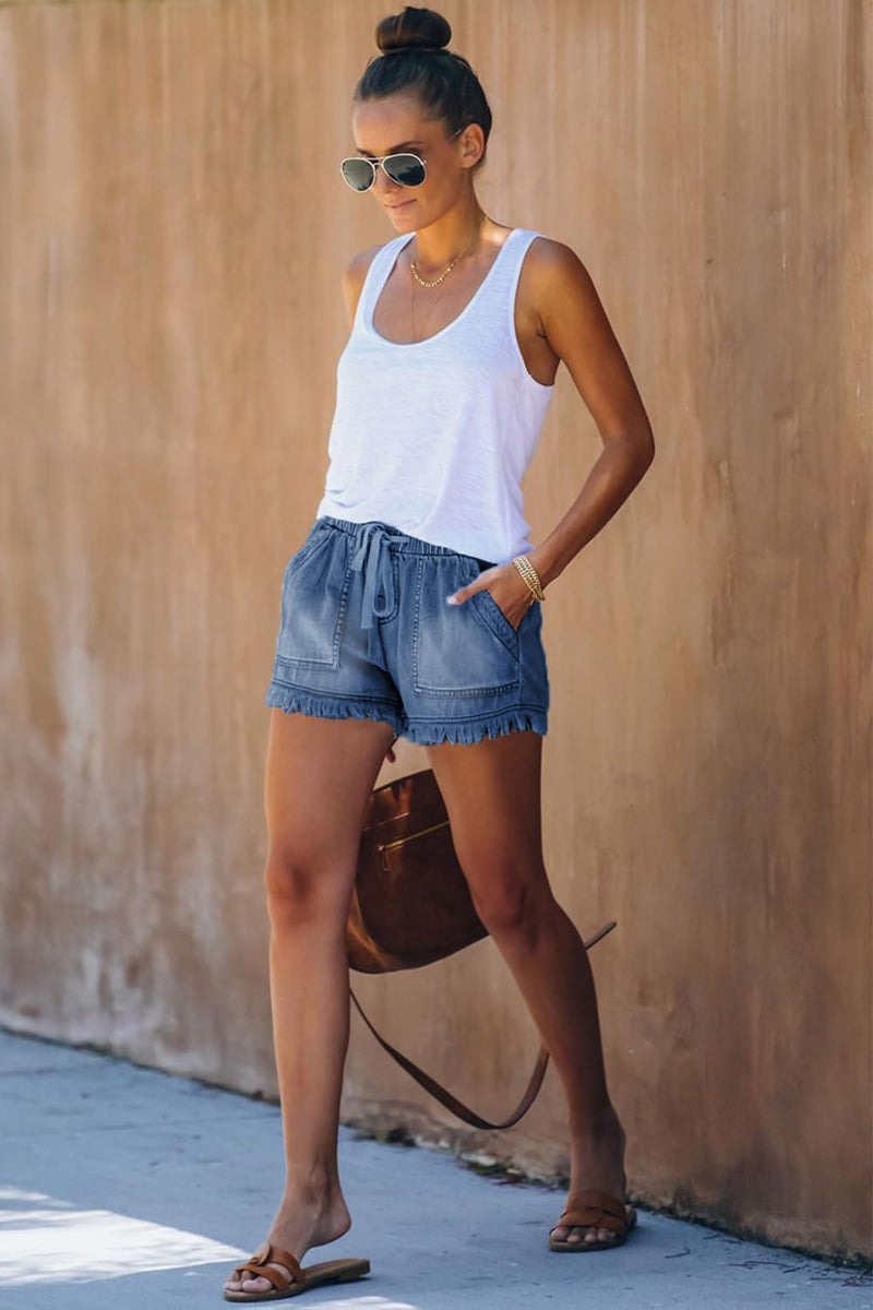 YOCUR Women Loose Casual Blue Denim Shorts Distressed Cute Shorts for Womens Trendy Fringe Aesthetic Elastic Waist Kawaii Vintage Hot Pants Blue XS - Image 4