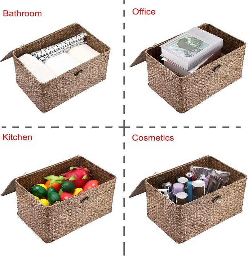 Hipiwe Wicker Shelf Baskets Bin with Lid, Handwoven Seagrass Basket Storage Bins Rectangular Household Basket Boxes for Shelf Wardrobe Home Organizer, Coffee Large - Image 5