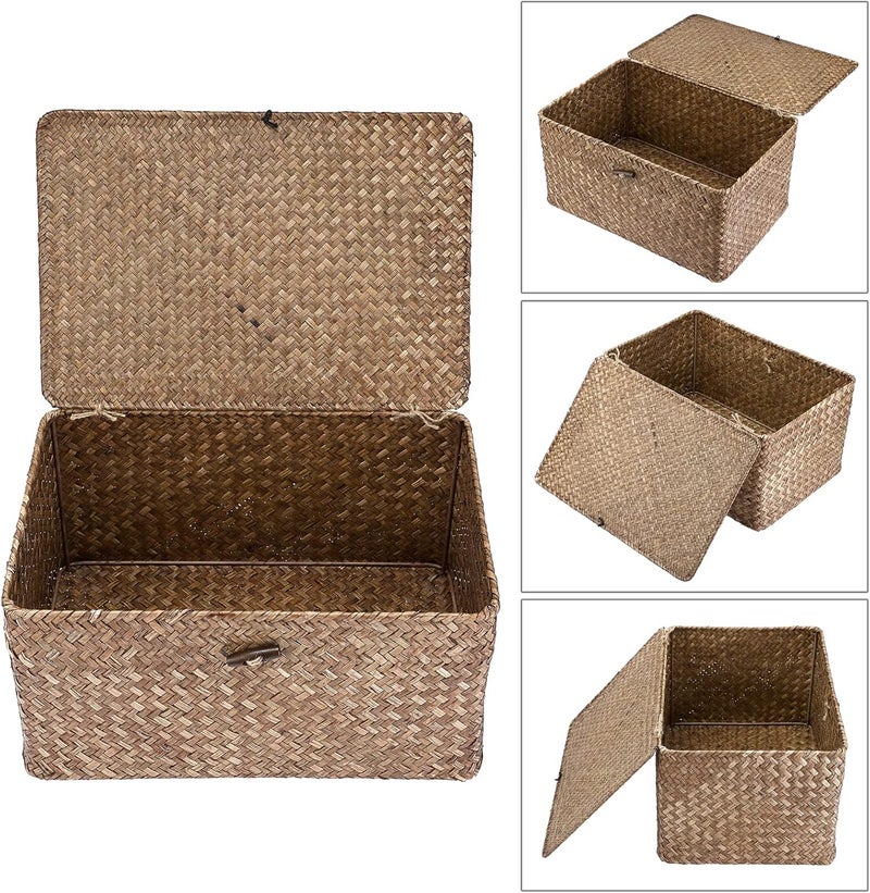 Hipiwe Wicker Shelf Baskets Bin with Lid, Handwoven Seagrass Basket Storage Bins Rectangular Household Basket Boxes for Shelf Wardrobe Home Organizer, Coffee Large - Image 3