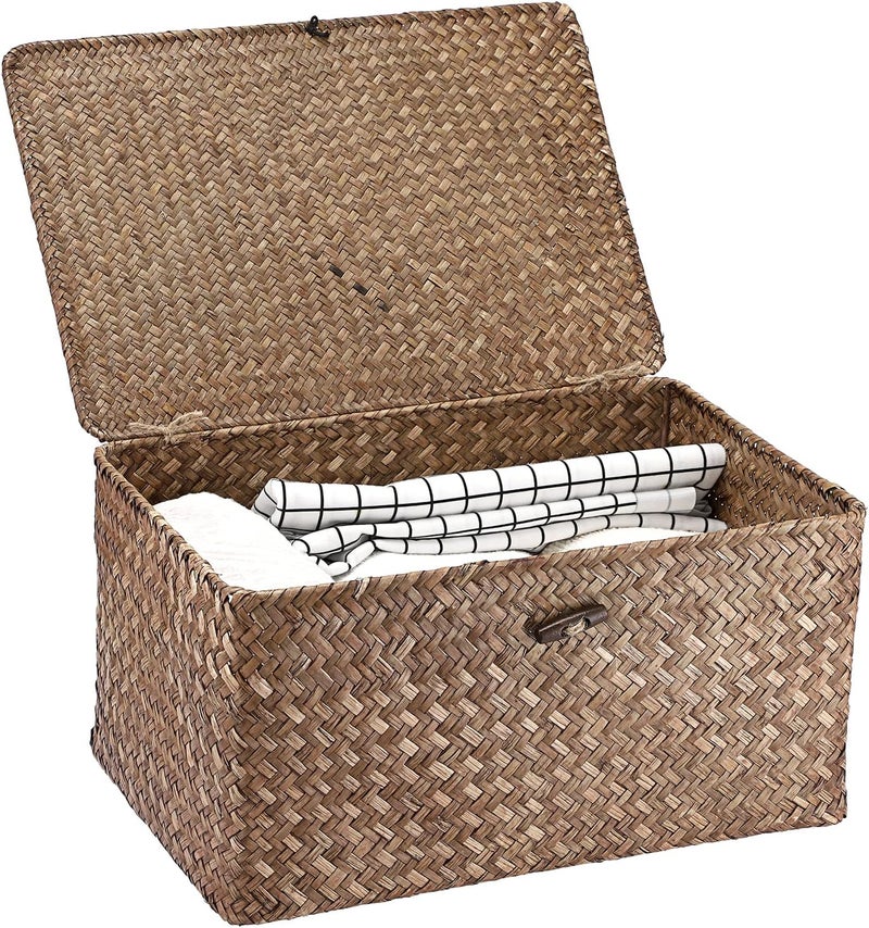 Hipiwe Wicker Shelf Baskets Bin with Lid, Handwoven Seagrass Basket Storage Bins Rectangular Household Basket Boxes for Shelf Wardrobe Home Organizer, Coffee Large - Image 1